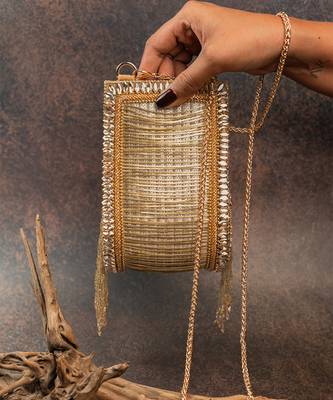 Gold silk embroidered beadfall hand bag 4