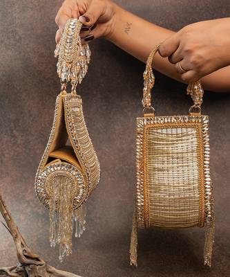 Gold silk embroidered beadfall hand bag 5
