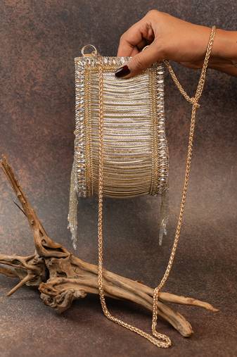 Gold silver silk embroidered beadfall hand bag