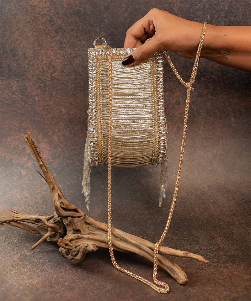 Gold silver silk embroidered beadfall hand bag