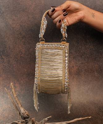 Gold silver silk embroidered beadfall hand bag 3