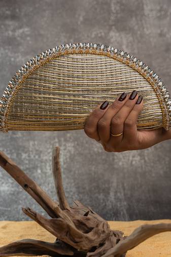 Silver gold silk embroidered hinted dome clutch
