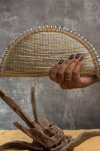 Silver gold silk embroidered hinted dome clutch