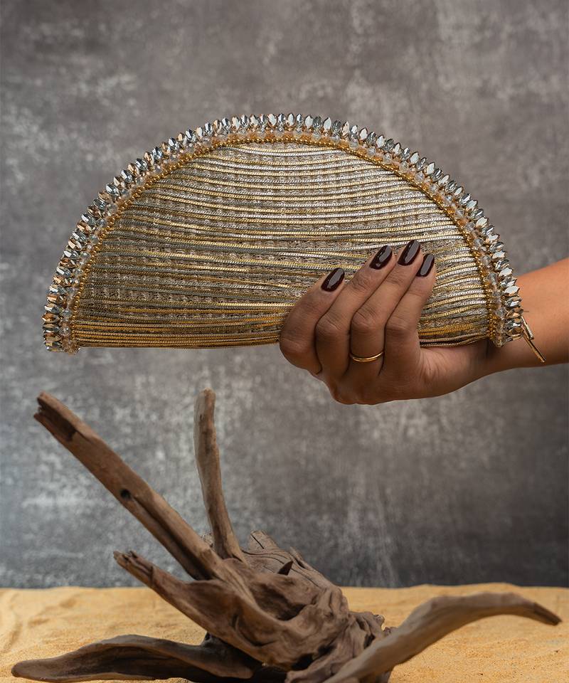 Silver gold silk embroidered hinted dome clutch