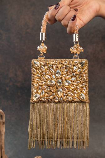 Gold silk embroidered diamond hinted hand bag