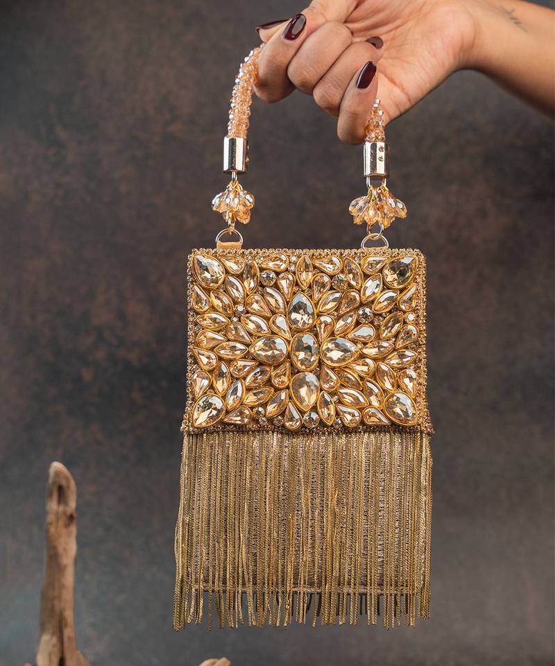 Gold silk embroidered diamond hinted hand bag