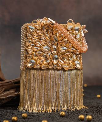 Gold silk embroidered diamond hinted hand bag 3