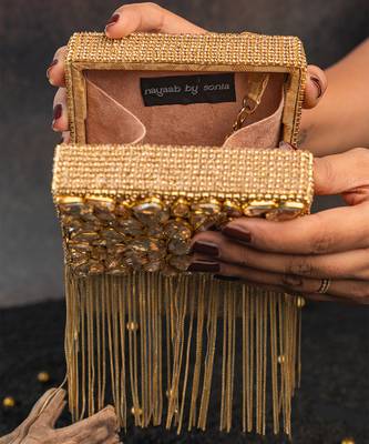 Gold silk embroidered diamond hinted hand bag 4