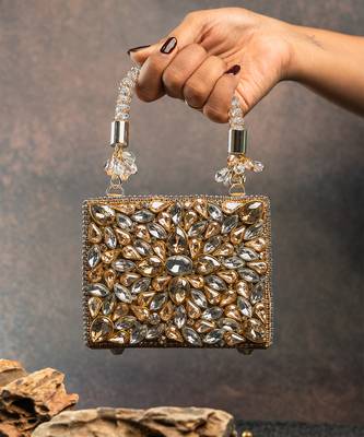 Silver gold silk embroidered diamond casket mini hand bag 1