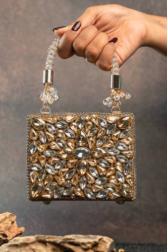 Silver gold silk embroidered diamond casket mini hand bag