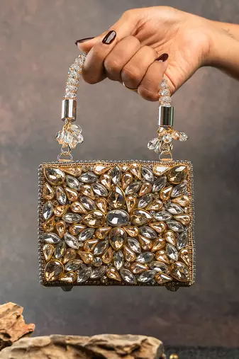 Silver gold silk embroidered diamond casket mini hand bag