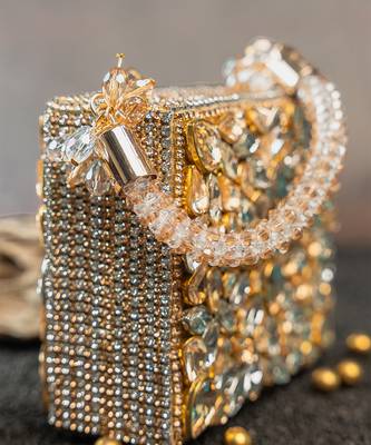 Silver gold silk embroidered diamond casket mini hand bag 5