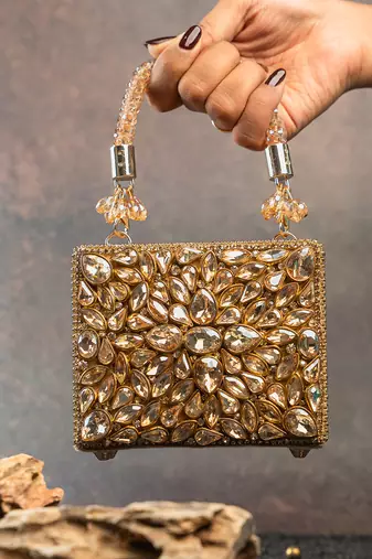 Gold silk embroidered diamond casket mini hand bag