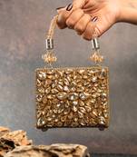 Gold silk embroidered diamond casket mini hand bag