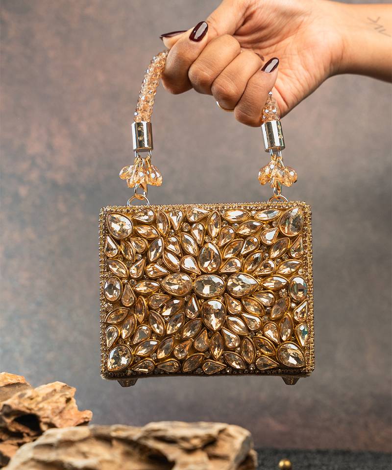 Gold silk embroidered diamond casket mini hand bag