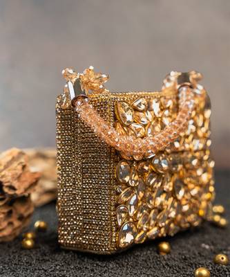 Gold silk embroidered diamond casket mini hand bag 3