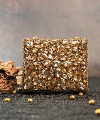 Gold silk embroidered diamond casket mini hand bag 4