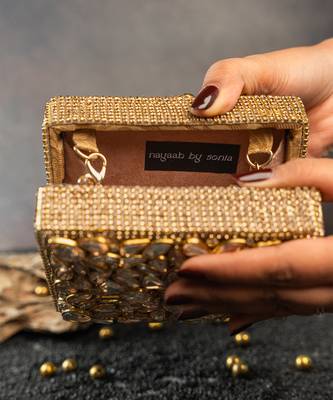 Gold silk embroidered diamond casket mini hand bag 5