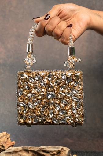 Silver gold silk embroidered diamond casket hand bag