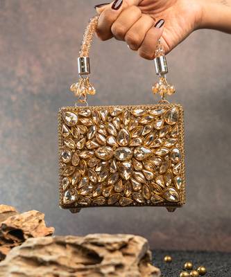 Gold silk embroidered diamond casket hand bag 1