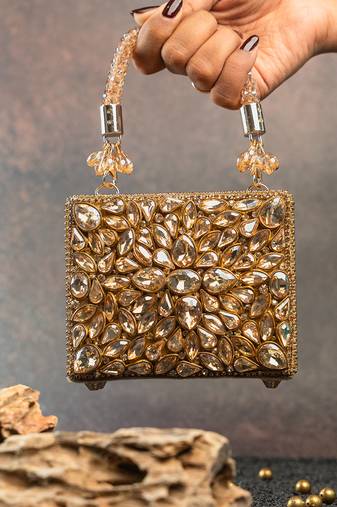 Gold silk embroidered diamond casket hand bag