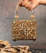 Gold silk embroidered diamond casket hand bag