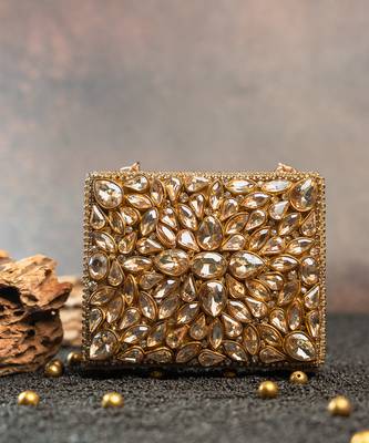 Gold silk embroidered diamond casket hand bag 2