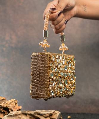 Gold silk embroidered diamond casket hand bag 3