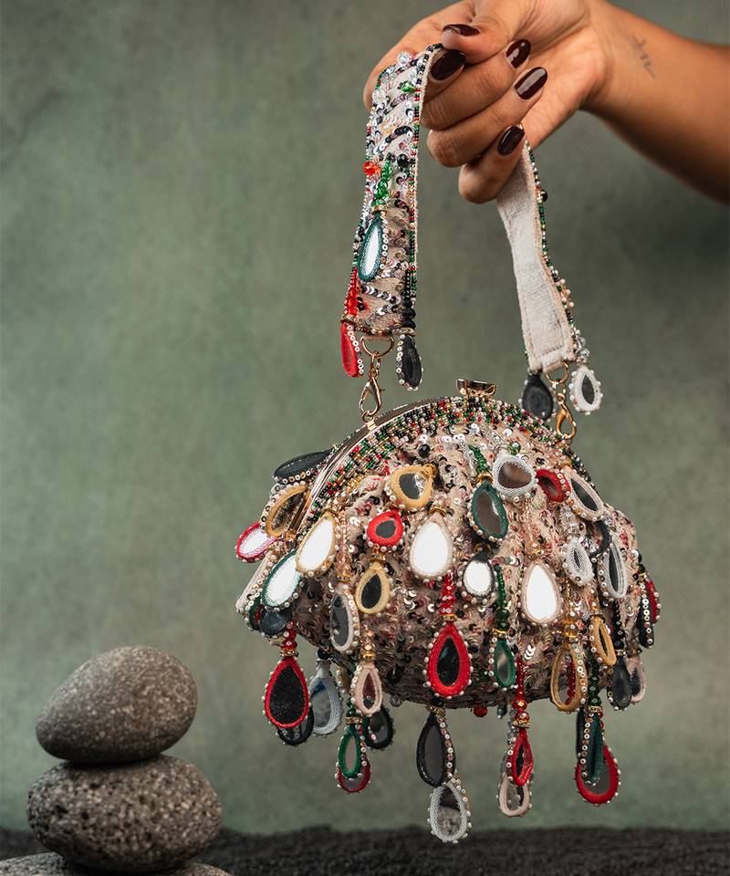 Multicolor silk embroidered clutch