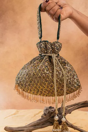 Antique gold silk embroidered shimmer viel potli bag