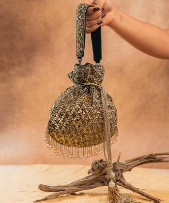 Antique gold silk embroidered shimmer viel potli bag 2