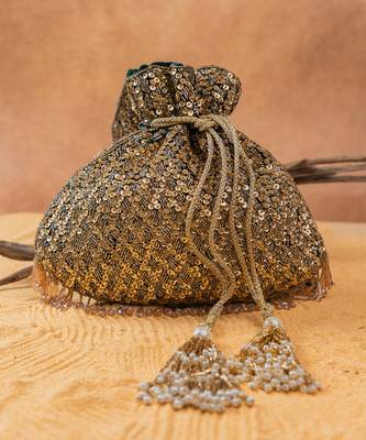 Antique gold silk embroidered shimmer viel potli bag 4