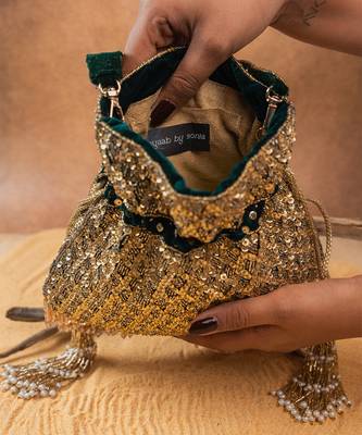 Antique gold silk embroidered shimmer viel potli bag 5
