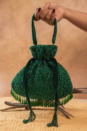 Emerald green silk embroidered shimmer viel potli bag