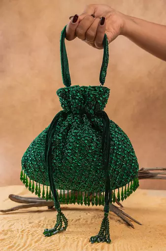 Emerald green silk embroidered shimmer viel potli bag