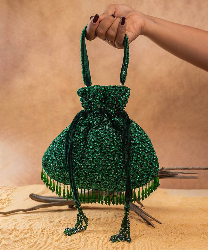 Emerald green silk embroidered shimmer viel potli bag