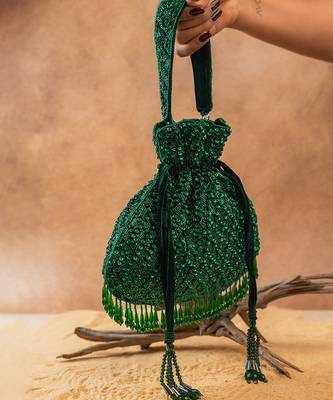 Emerald green silk embroidered shimmer viel potli bag 2
