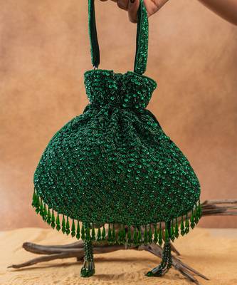 Emerald green silk embroidered shimmer viel potli bag 3