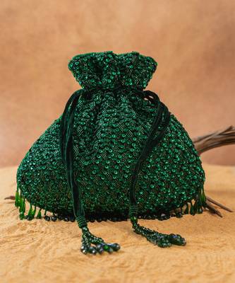 Emerald green silk embroidered shimmer viel potli bag 4