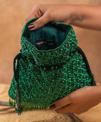 Emerald green silk embroidered shimmer viel potli bag 5