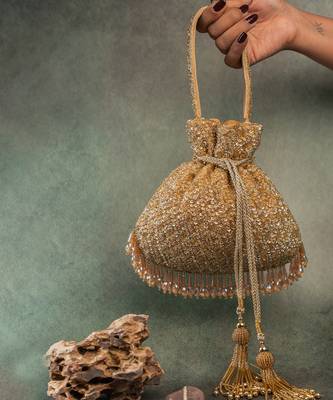 Gold silk embroidered shimmer viel potli bag 1