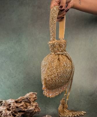 Gold silk embroidered shimmer viel potli bag 2