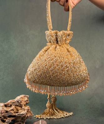 Gold silk embroidered shimmer viel potli bag 3