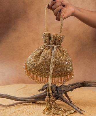Gold silk embroidered shimmer viel potli bag 4