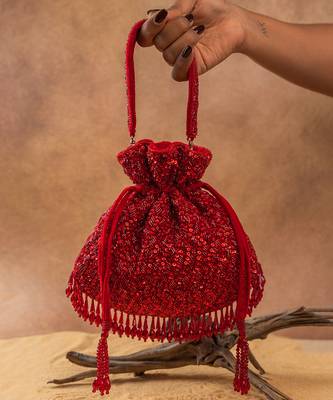 Red silk embroidered shimmer viel potli bag 1
