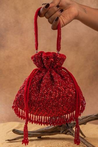 Red silk embroidered shimmer viel potli bag