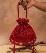 Red silk embroidered shimmer viel potli bag