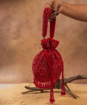 Red silk embroidered shimmer viel potli bag 2