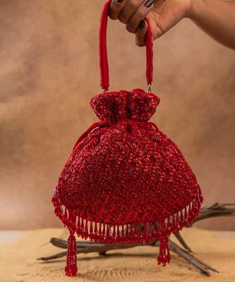 Red silk embroidered shimmer viel potli bag 3