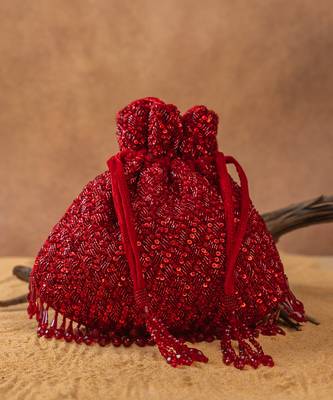 Red silk embroidered shimmer viel potli bag 4